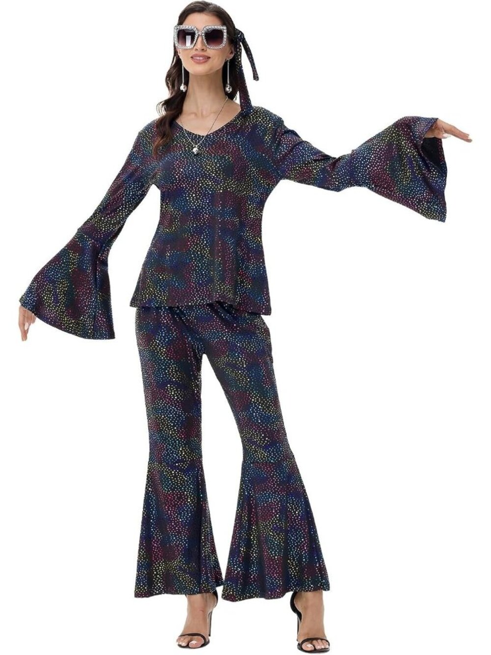 70s Disco Costume Womens Black Sequin Top & Bell Bottoms XL